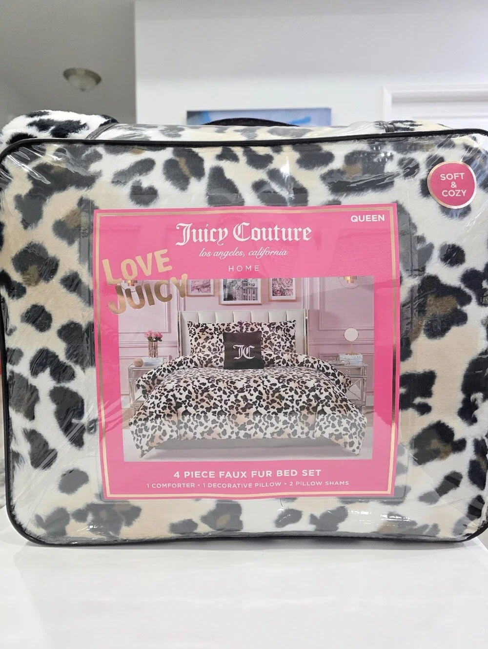 Juicy Couture QUEEN 4 Piece Leopard Faux Fur Comforter Set New Viral